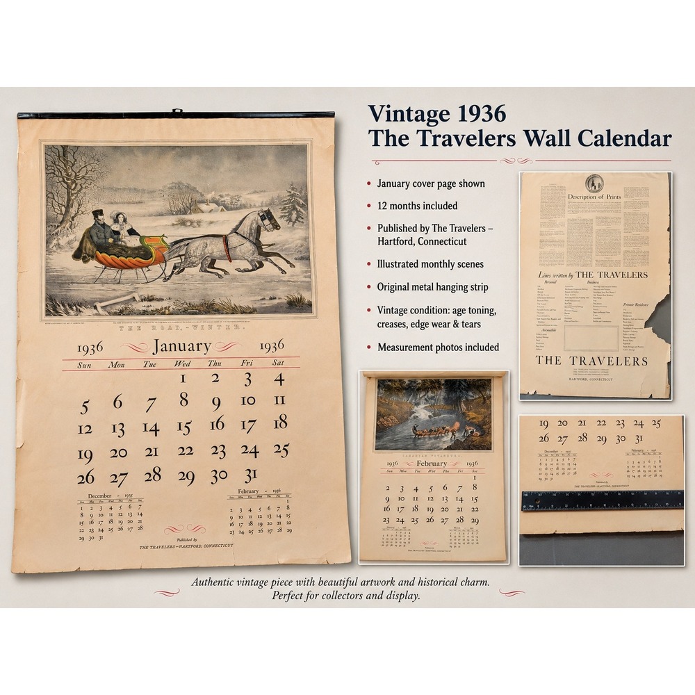 Vintage 1936 The Travelers Insurance Currier &‎ Ives Wall Calendar Hartford CT